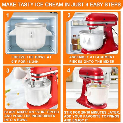 Ice Cream Maker Attachment for KitchenAid, kitchen aid ice cream bowl Fits 4.5/5QT/ 6QT&7QT Mixers, Frozen Ice Cream & Sorbet Gelato Maker, 2 Quart, White，by Fedowal
