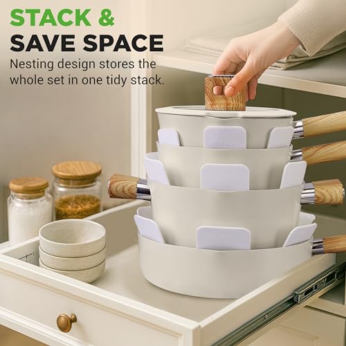 NutriChef Ceramic Cookware Set with Cooking Utensils, 14-Piece Nonstick Cookware Set with Glass Lids, Compatible with All Cooktops, Heat-Resistant Handles and Stylish Finish (Beige)