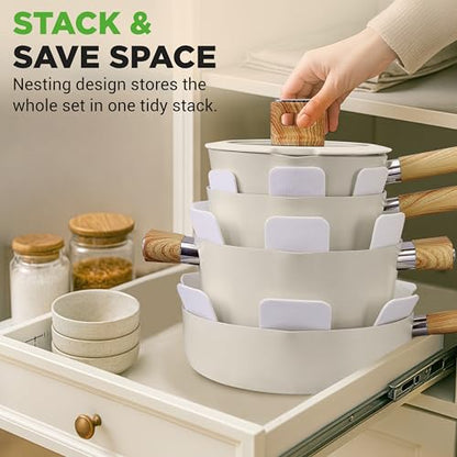 NutriChef Ceramic Cookware Set with Cooking Utensils, 14-Piece Nonstick Cookware Set with Glass Lids, Compatible with All Cooktops, Heat-Resistant Handles and Stylish Finish (Beige)