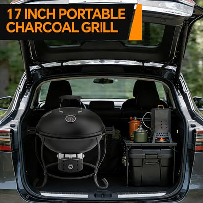 Portable Charcoal Grill with Fan-Assisted Airflow, 17-Inch Small Kettle BBQ Grill, Built-In Thermometer, Lift-Out Charcoal Tray for Camping, Tailgating, Patio, Backyard