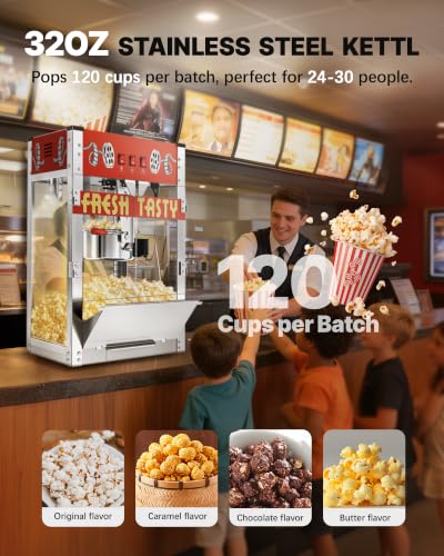 32 Oz Commercial Popcorn Machine, Large Popcorn Maker Machine, Movie Theater Countertop Pop Corn Machine with 3-Switch Control & Tempered Glass Doors, Red