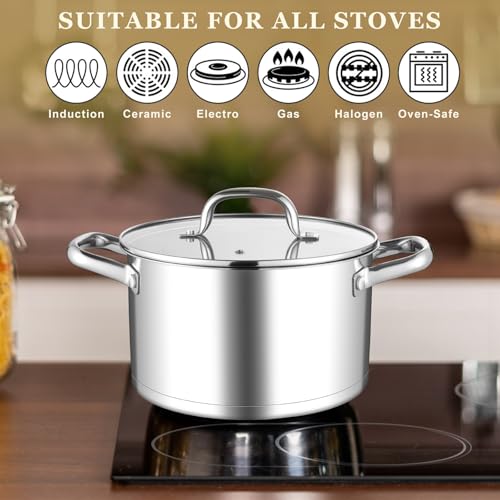 Leonyo 6QT Stock Pot with Lid, Stainless Steel Soup Pasta Pot for Home Kitchen Restaurant, Tri-Ply Bottom Stockpot for Canning, Boiling, Simmer, Dishwasher Safe