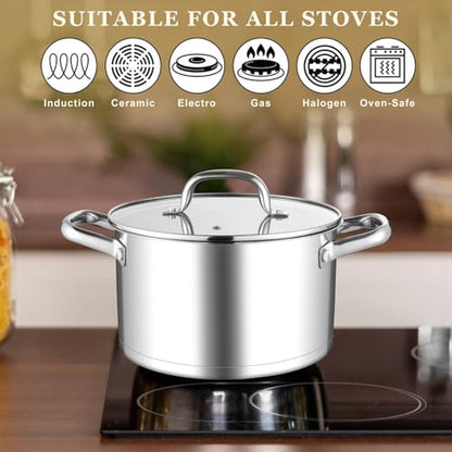 Leonyo 6QT Stock Pot with Lid, Stainless Steel Soup Pasta Pot for Home Kitchen Restaurant, Tri-Ply Bottom Stockpot for Canning, Boiling, Simmer, Dishwasher Safe