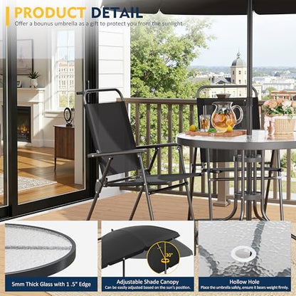 Shintenchi 6 Piece Patio Dining Set with Umbrella, Outdoor Furniture Set with 4 Folding Chairs and Tempered Glass Top Dining Table for Lawn Backyard Garden Porch, Black