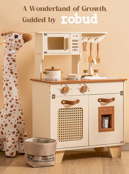 ROBUD Kids Kitchen Playset, Mocha Montessori Wooden Play Kitchen with Ice Dispenser, Pretend Toddlers Kitchen Toy with Accessories, Baby Gift for Ages 3 4 5 6 7 8