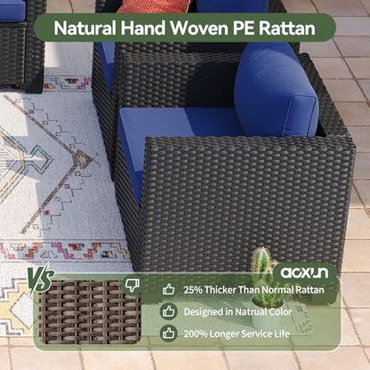 Aoxun 8 Piece Outdoor Patio Furniture Set 7 Seats, Outdoor Sectional with Thick Waterproof Cushions, Patio Conversation Sets for Garden,Backyard, Porch, Balcony, Deck, Black & Blue