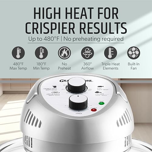 Granitestone 16Qt Large Glass Air Fryer Non Toxic – Family Sized Airfyrer Cooker with 3 Cooking Sections, Stainless Steel Racks, for French Fries, Chicken, No Preheat, Self Cleaning, Dishwasher Safe