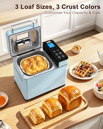 KBS Blue Bread Maker, 2LB Smart Bread Machine with Healthy Ceramic Pan, Touchscreen, Auto Nut Dispenser, 17 Automatic Programs, Gluten Free, Sourdough, Dough, Yogurt & Jam, 15H Timer, Stainless Steel