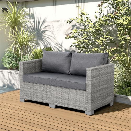 WAROOM Outdoor Patio Loveseat Wicker Small Couch 2-Seater Rattan Sofa Balcony Furniture Deep Seat Porch Seating, Grey Cushion