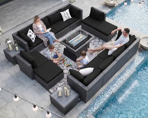 NICESOUL 15 Piece Outdoor Sectional with Fire Pit Table, Modern Luxury Patio Deep Seating w/Firepit, 29.3'' High-Back Wicker Couch Thick, Big High-Weight Capacity Sofa for Terrace, Yard, Gray & Black