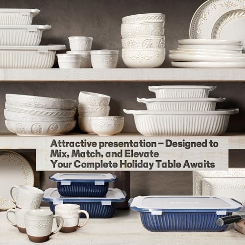 Artena Casserole Dishes For Oven, Ceramic Baking Dish, Large Lasagna Pan With Handles, Baking Pan Casserole Dish, Rectangular Bakeware Deep, Set Of 3 (5.1Qt/2.3Qt/1.1Qt) (Blue - Baking Dish With Lids)