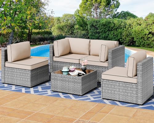 Shintenchi 5 Pieces Outdoor Patio Sectional Sofa Couch, Silver Gray PE Wicker Furniture Sets, Patio Conversation Sets with Washable Cushions Coffee Table for Garden, Poolside,Backyard,(Khaki)