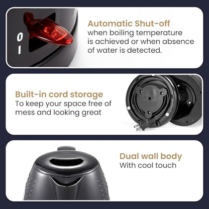 Elite Gourmet EKT5051 1.7L Electric Water Kettle, BPA-Free, Fast Boil, Auto Shut-Off, Boil-dry Protection, 360° Swivel Base with Cordless Serving, Clear-view Window with Water Level Markings, Black