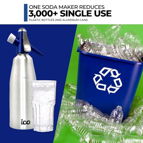 ICO Soda Siphon, Sparkling Water Maker, Soda Maker, Carbonated Water Machine for Fresh Soda Water, Cocktails, Hard Seltzers, Uses 8g C02 cartridges (Not Included), 1L/1 Pint
