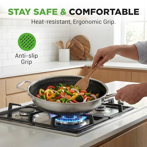 NutriChef 7-Piece Tri-Ply Stainless Steel Frying Pan Set & Wok – Nonstick, Induction Compatible, Oven Safe, Scratch-Resistant, Dishwasher Safe