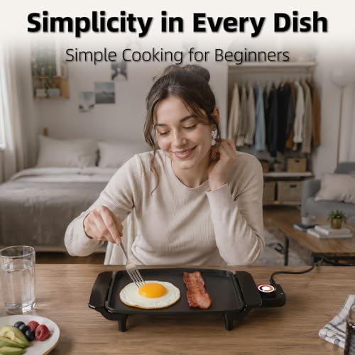 I-Keukenn Small Electric Griddle, 10 Inch Mini Ceramic Non-Stick Electric Skillet with Adjustable Thermostat, 1200W Single Serve Grill for Breakfast, Cooking for Pancakes, Eggs, Sausage