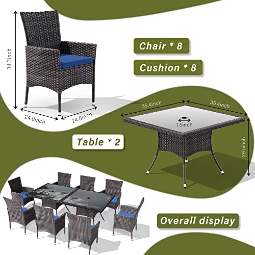 RTDTD 10 Pieces Outdoor Patio Dining Set,Patio Table and Chairs Rattan Outdoor Patio Furniture Set with Umbrella Hole,Dining Table Set for 8 with Chairs for Backyard,Garden and Kitchen,Navy Blue