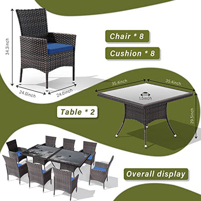 RTDTD 10 Pieces Outdoor Patio Dining Set,Patio Table and Chairs Rattan Outdoor Patio Furniture Set with Umbrella Hole,Dining Table Set for 8 with Chairs for Backyard,Garden and Kitchen,Navy Blue