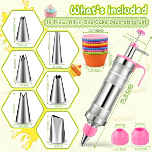 Hendiy Dessert Decorating Syringe Set, Stainless Steel Frosting Piping Kit Cake Decorating Kit with 6 Piping Tips & 9 Silicone Cupcakes, Cupcake Decorating Kit Piping Bags and Tips Set