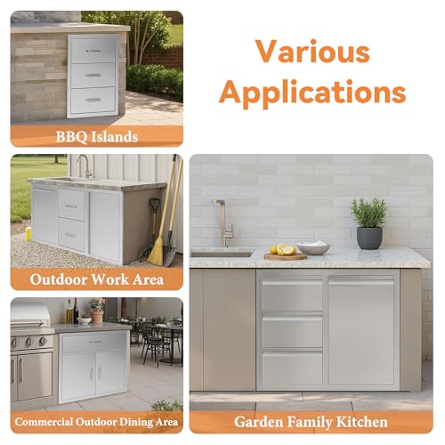 Jocisland 41.5" W20 D23 H Stainless Steel Outdoor Kitchen Drawers, Double Drawers with Trash Drawer & Door, 3-Tier Cabinet, Built-in BBQ Island Storage for Outdoor Kitchens