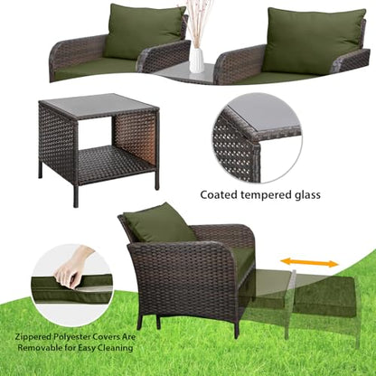 LEVELEVE Balcony Furniture 5 Piece Patio Conversation Set, PE Wicker Rattan Outdoor Lounge Chairs with Soft Cushions 2 Ottoman&Glass Table for Porch, Lawn-Brown Wicker（Army Green