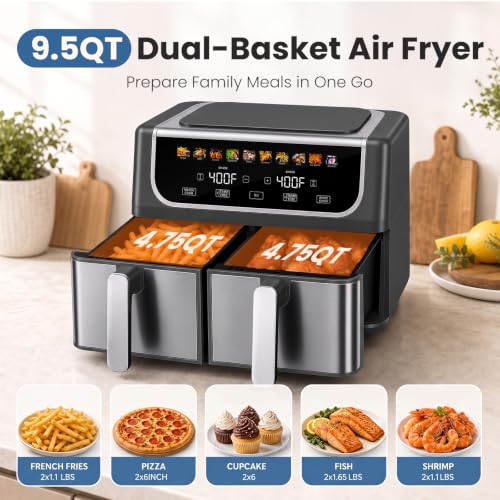 OLIXIS Dual Air Fryers with 2 Baskets 9.5 Quarts Large Airfryer 10-in-1