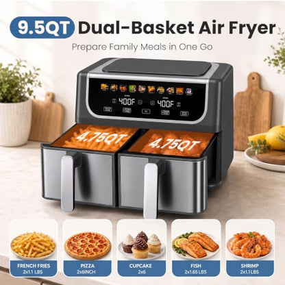 OLIXIS Dual Air Fryers with 2 Baskets 9.5 Quarts Large Airfryer 10-in-1