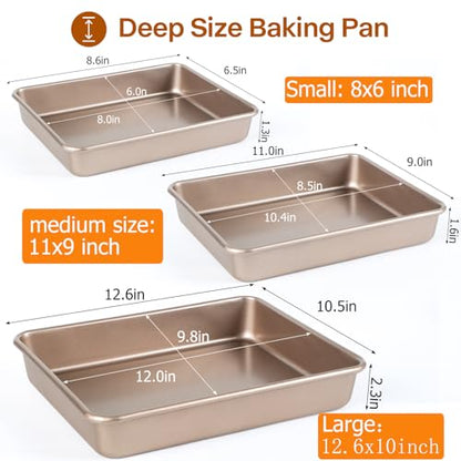 Barlket Deep Baking Pans Set, 3-Pieces Rectangle Cake Pan, Nonstick Carbon Steel Roasting Pans, 9/11/13 Inch, Lasagna Pan with 1.6-2.3 Inch Deep Size, Heavy Duty Stackable Oven Baking Trays, Gold