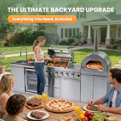 112-Inch Stainless Steel Outdoor Kitchen Island, Natural Gas BBQ Grill with Standalone Side Burner Pizza Oven, Rotisserie, Refrigerator, Granite Countertop, Storage Cabinets & Drawers 108000 BTU