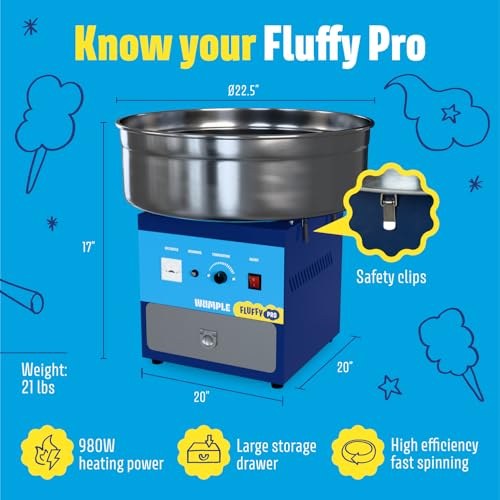 Wumple Professional Cotton Candy Machine - Commercial Electric Maker with Drawer & Large Stainless Steel Bowl - Fast Heat-Up - Perfect for Parties & Business - Blue