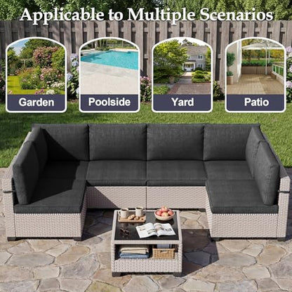 SnugVista Patio Furniture Set, 14-Piece Outdoor Sectional Sofa with 2-Layer Glass Coffee Table, Wicker Patio Conversation Set with Black Cushions for Backyard, Poolside, Porch