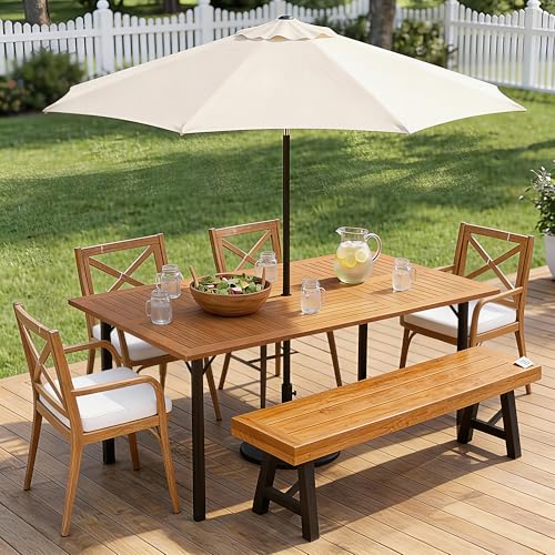 Greesum Acacia Wood Patio Outdoor Dining Table, 63" L x 36" W x 30" H Outdoor Table with Umbrella Hole and Sturdy Metal Legs for Garden, Patio, Backyard