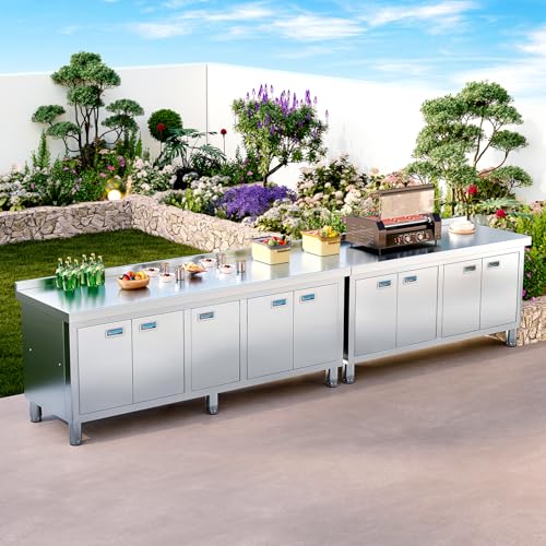 WWK 59" x 21" Stainless Steel Prep Table with Cabinet, Commercial Kitchen Table for Prep & Work, Heavy Duty Work Table with 4 Doors for Kitchen, Restaurant, Hotel, Garage and Cafe