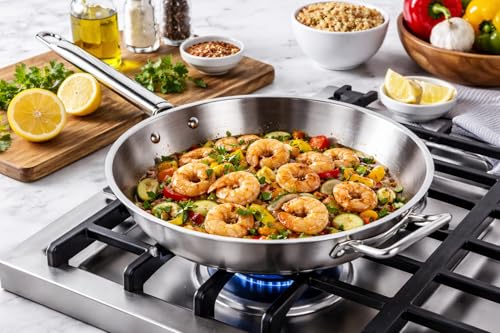 Glownary 16 Inch Stainless Steel Fry Pan with Aluminum-Clad Bottom & Helper Handle, Induction Ready, NSF Certified, Oven & Dishwasher Safe, Commercial Grade Skillet