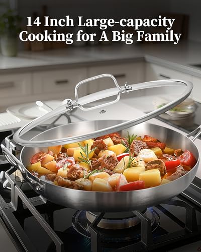 Bzayeat 14-Inch Tri-Ply Stainless Steel Frying Pan with Lid & Detachable Handle - Induction Compatible Skillet, Oven & Dishwasher Safe, Ideal for Frying, Sautéing & Simmering