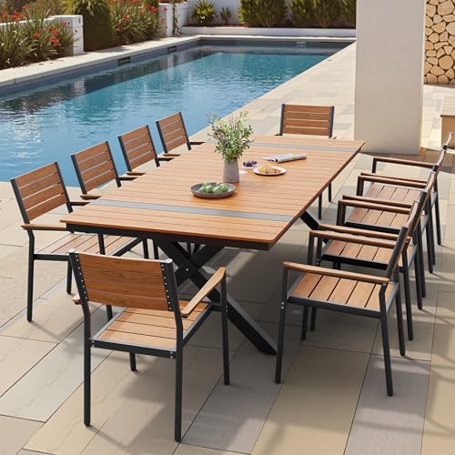 Pellebant 11 Piece Patio Table and Chairs Set, Aluminum Outdoor Dining Set with Umbrella Hole, 94" Dining Table & Stackable Chairs, Weather Resistant Teak Wood Grain Finish for Deck, Porch, Backyard
