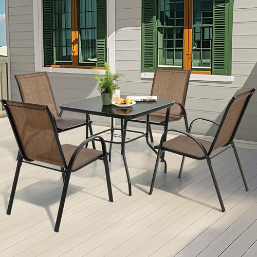 NUU GARDEN 5 PCS Patio Dining Set, Metal Outdoor Table and Chairs, with 4 Stackable Chairs and 31.5’’ Square Table with Umbrella Hole, Outdoor Dining Set for Lawn, Balcony, Garden, Black and Brown