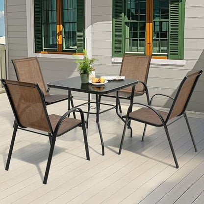 NUU GARDEN 5 PCS Patio Dining Set, Metal Outdoor Table and Chairs, with 4 Stackable Chairs and 31.5’’ Square Table with Umbrella Hole, Outdoor Dining Set for Lawn, Balcony, Garden, Black and Brown