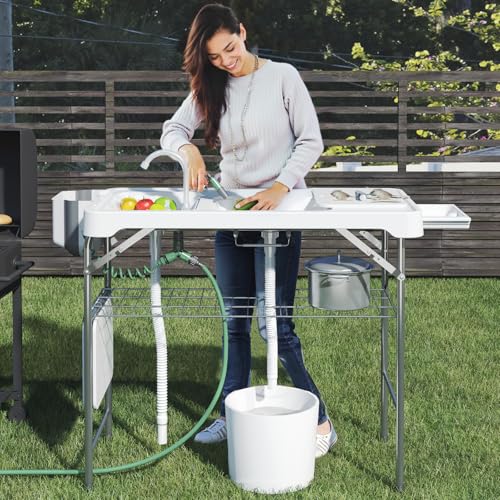 IWDOO 42.5" Fish Cleaning Table with Dual Sink, Portable Folding Camping Table with Faucet, Sprayer, Grid Rack, Hose Hook Up & Knife Groove, Outdoor Sink Station for Picnic Beach Patio