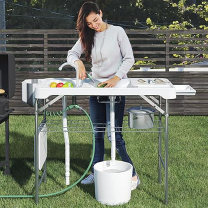 IWDOO 42.5" Fish Cleaning Table with Dual Sink, Portable Folding Camping Table with Faucet, Sprayer, Grid Rack, Hose Hook Up & Knife Groove, Outdoor Sink Station for Picnic Beach Patio