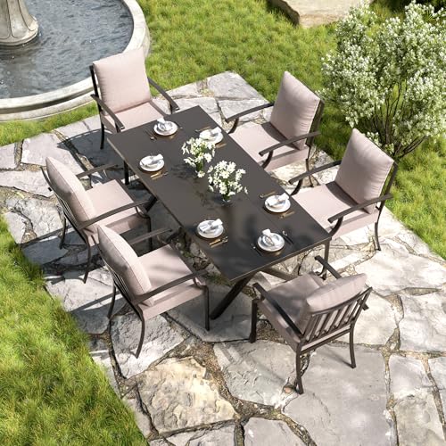 Kullavik 7 Pieces Outdoor Dining Set,Patio Dining Table and Chairs Set for 6,Fence Pattern Back Chairs with Thickened Cushions & Rectangular Metal Dining Table with Umbrella Hole for Patio,Sand
