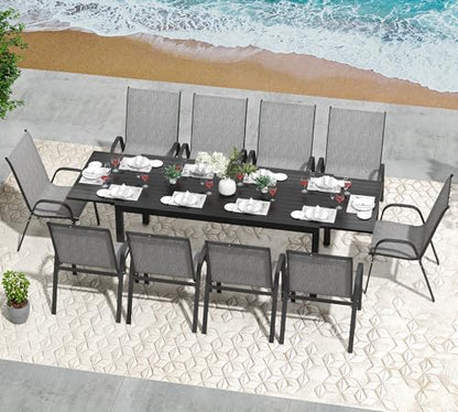 PIZZELLO 11 Pieces Outdoor Dining Set, 106" Aluminum Extendable Patio Dining Table w/ 10Pcs Stackable Textilene Chairs, All Weather Outdoor Table and Chairs Sets for Backyard, Garden and Deck