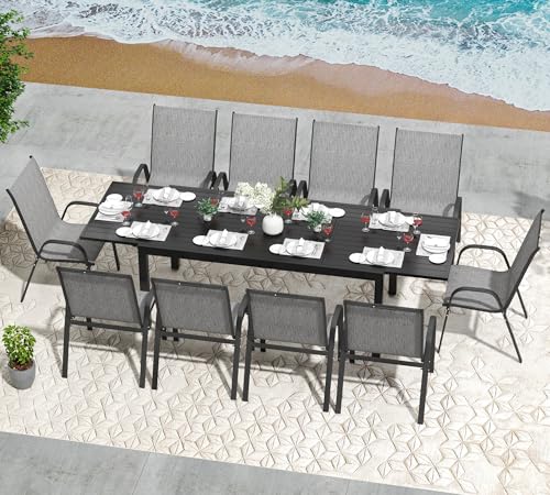 PIZZELLO 11 Pieces Outdoor Dining Set, 106" Aluminum Extendable Patio Dining Table w/ 10Pcs Stackable Textilene Chairs, All Weather Outdoor Table and Chairs Sets for Backyard, Garden and Deck