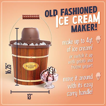 Nostalgia Electric Ice Cream Maker - Old Fashioned Soft Serve Ice Cream Machine Makes Frozen Yogurt or Gelato in Minutes - Fun Kitchen Appliance - Vintage Wooden Style - Dark Wood - 4 Quart