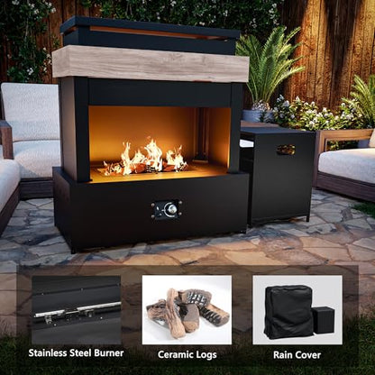 MaxMulti Outdoor Propane Fireplace w Tank Table, 50,000 BTU Gas Fire Pit with Ceramic Logs, Rain Cover, 35 Inch Steel Metal Smokeless Fireplace for Patio, Deck, CSA Certified (35 x 40 Inch)