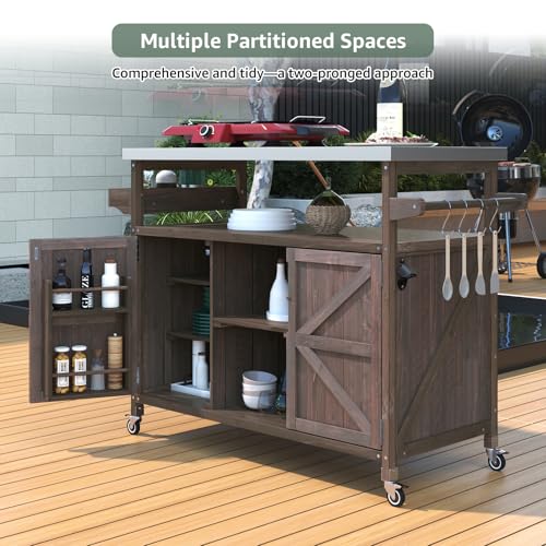 Waully 50.25" Outdoor Kitchen Island with Wheels for Food Prep, Strage, Bar, Rolling Outdoor Grill Table for Outside, Outside Cooking Table, Grill Carts, Cooking Station, Modular, Solid Wood, Brown