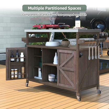 Waully 50.25" Outdoor Kitchen Island with Wheels for Food Prep, Strage, Bar, Rolling Outdoor Grill Table for Outside, Outside Cooking Table, Grill Carts, Cooking Station, Modular, Solid Wood, Brown