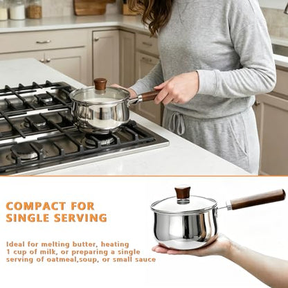 GREATLINK Small Sauce Pan with Lid and Wooden Handle for Cooking - 1 Quart Stainless Steel Saucepan with Pour Spout for Heating Milk, Melting Chocolate, Warming Sauces - Small Pot for All Cooktop