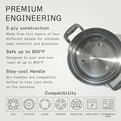 Made In Cookware | 8 Quart Stainless Steel Stock Pot With Lid and Pasta Insert | 5 Ply Stainless Clad | Professional Cookware | Crafted in Italy | Induction Compatible