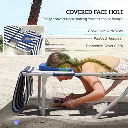 Outsunny Tanning Chair with Face Hole, Side Table, 5-Position Reclining Folding Chaise Lounge Chair Outdoor Lounger Recliner, Carry Straps for Beach Pool Camp, Oxford Fabric, Blue and White